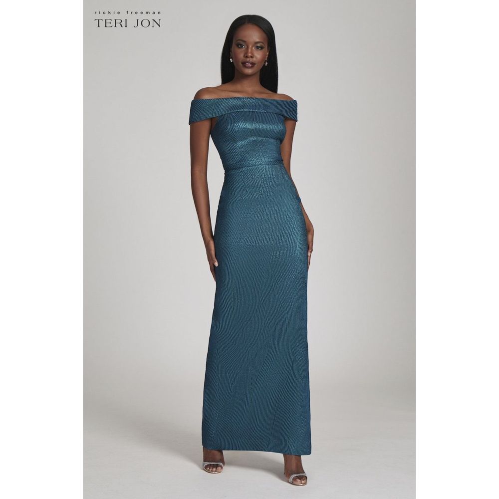 Teri Jon Metallic Ribbed Jacquard Off Shoulder Gown